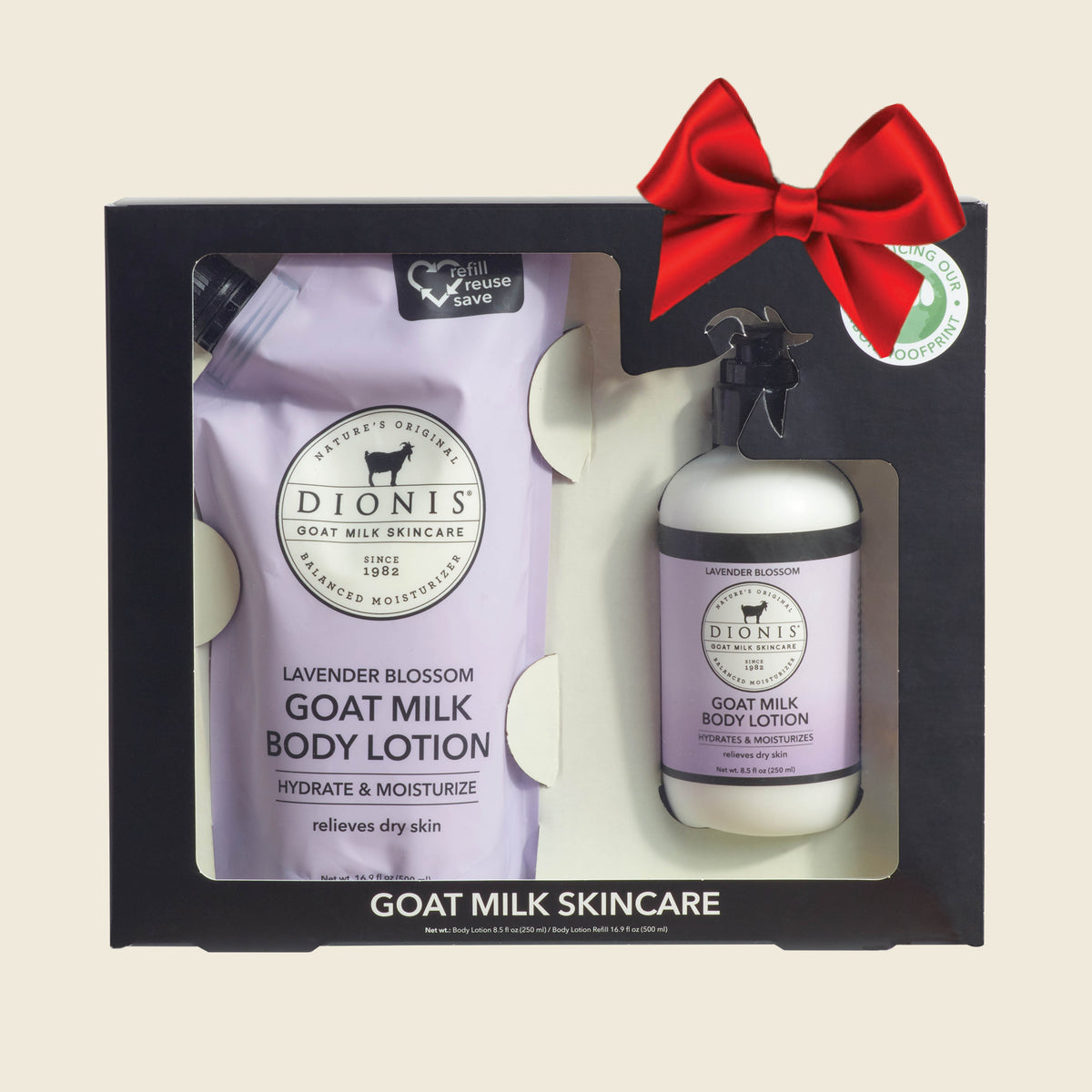 Dionis Goat Milk Body Lotion & Refill Pouch Gift Set, Black Gift Box
Lavender Blossom

Includes:
1 - Goat Milk Body Lotion, 8.5 oz
1 - Goat Milk Body Lotion Refill Pouch, 16.9 

Shown with a red bow.