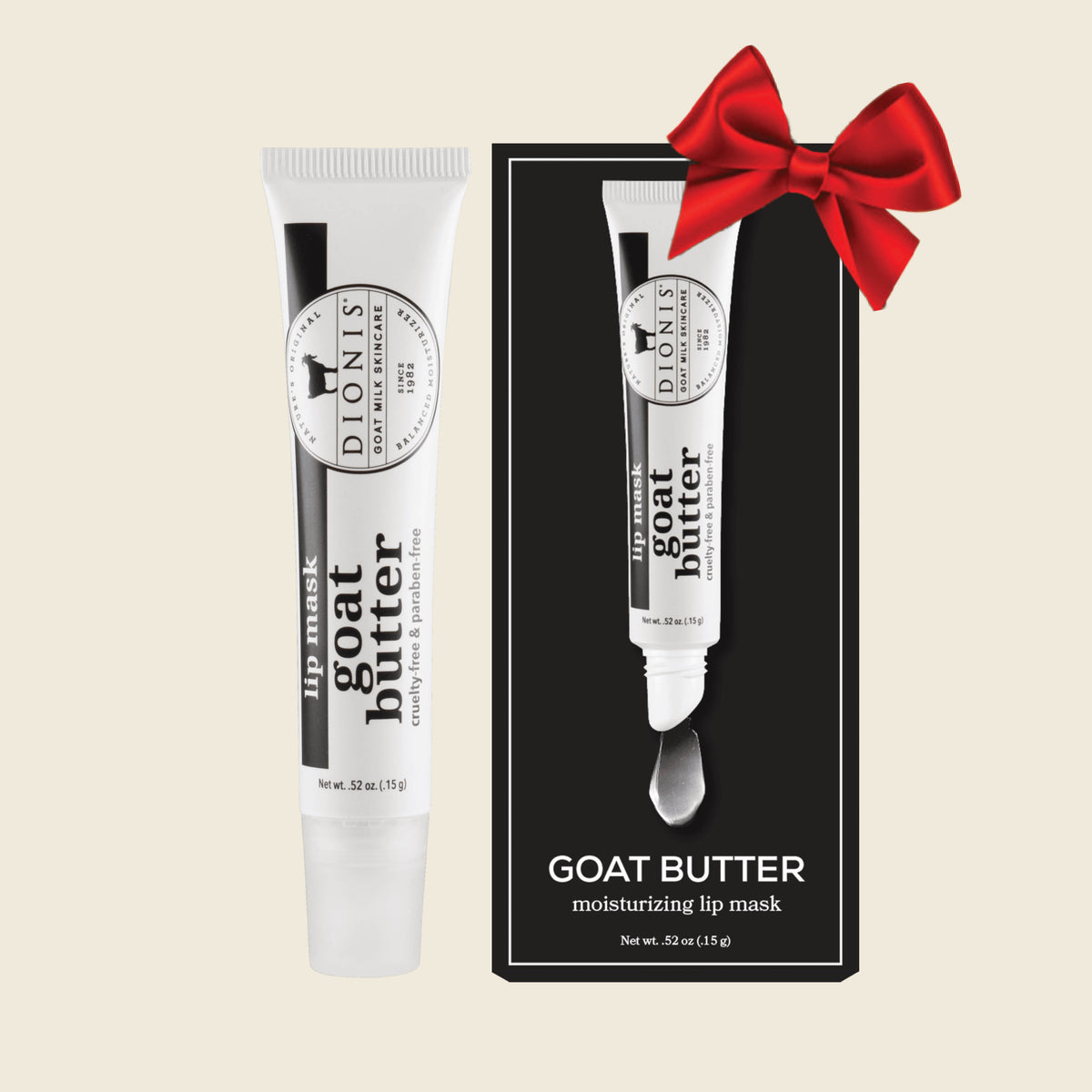 Dionis Goat Butter Lip Mask, Glaze, .52 oz tube and black packaging box.