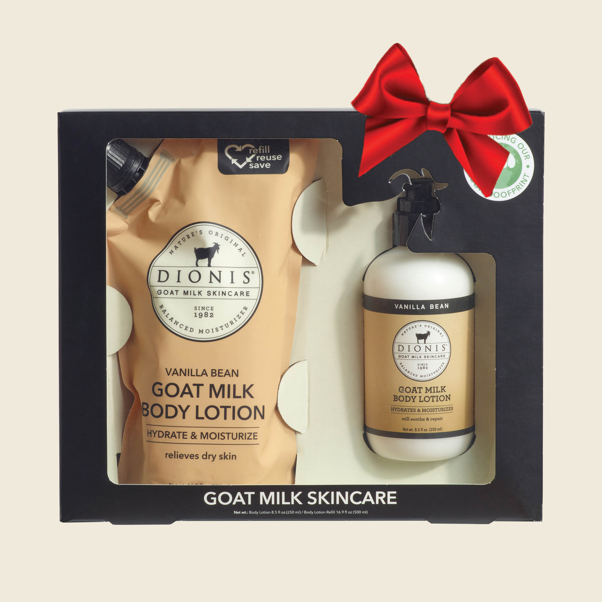 Dionis Goat Milk Body Lotion & Refill Pouch Gift Set, Black Gift Box
Vanilla Bean

Includes:
1 - Goat Milk Body Lotion, 8.5 oz
1 - Goat Milk Body Lotion Refill Pouch, 16.9 

Shown with a red bow.