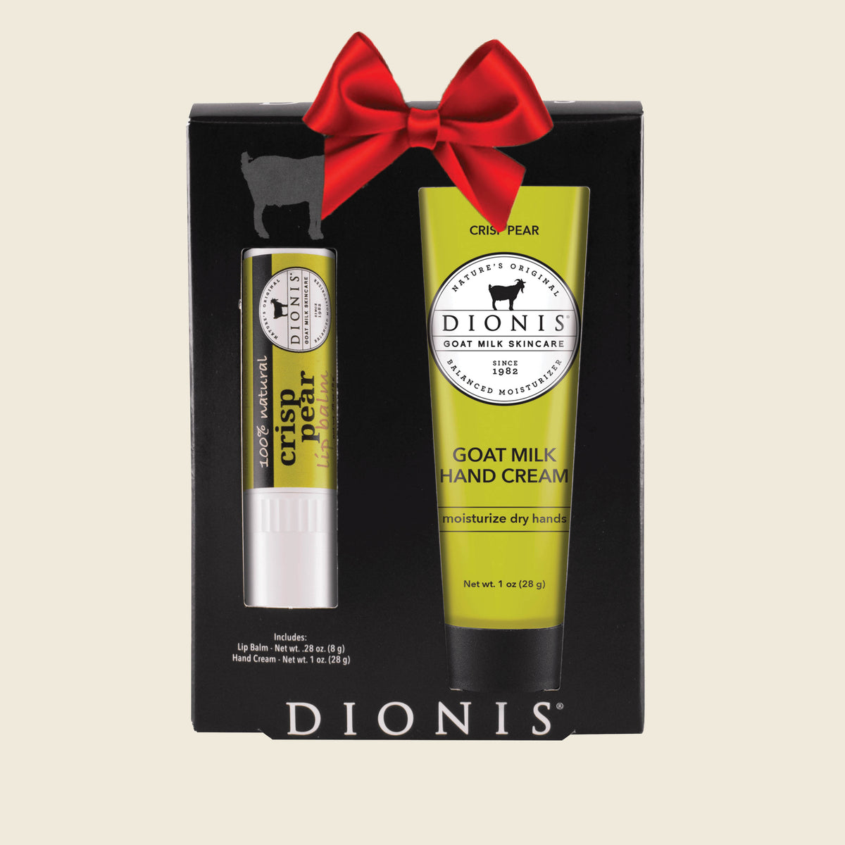 Dionis Goat Milk Skincare Hand & Lip Duo Gift Set, Crisp Pear, with Red Holiday Bow
