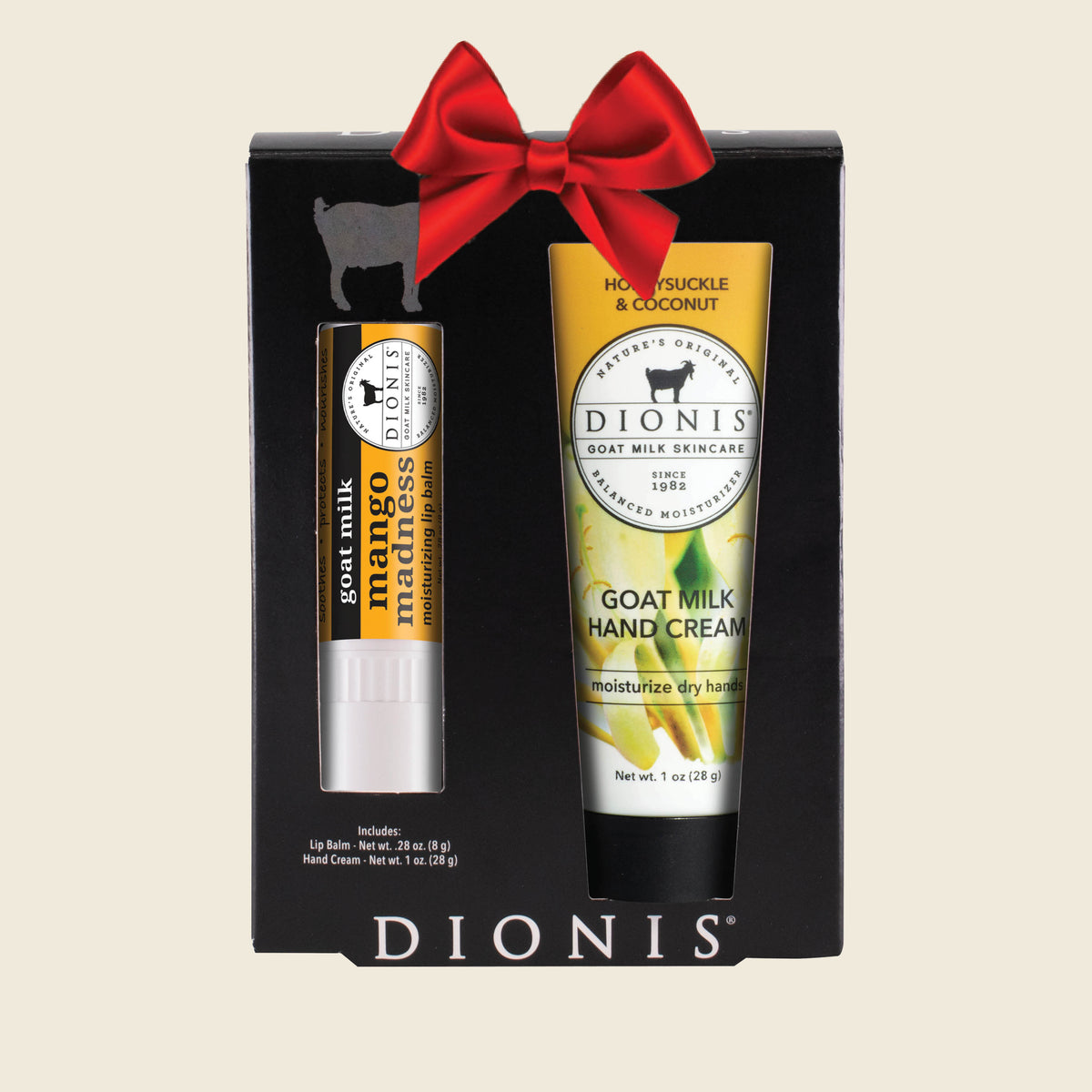 Dionis Goat Milk Skincare Hand & Lip Duo Gift Set, Honeysuckle Mango, with Red Holiday Bow