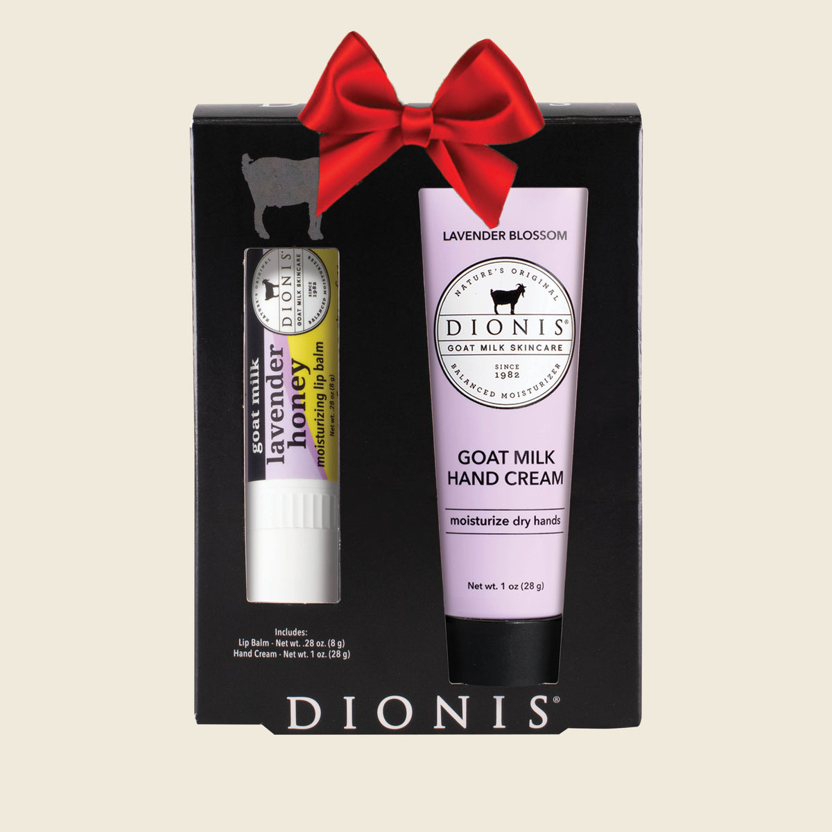 Dionis Goat Milk Skincare Hand & Lip Duo Gift Set, Lavender, with Red Holiday Bow