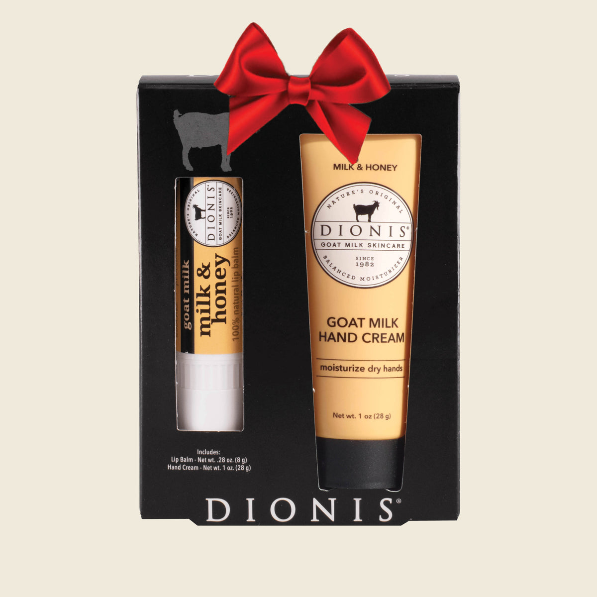 Dionis Goat Milk Skincare Hand & Lip Duo Gift Set, Milk & Honey, with Red Holiday Bow