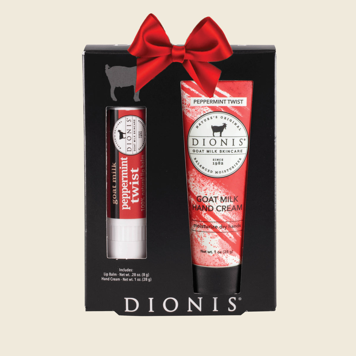 Dionis Goat Milk Skincare Hand & Lip Duo Gift Set, Peppermint Twist, with Red Holiday Bow
