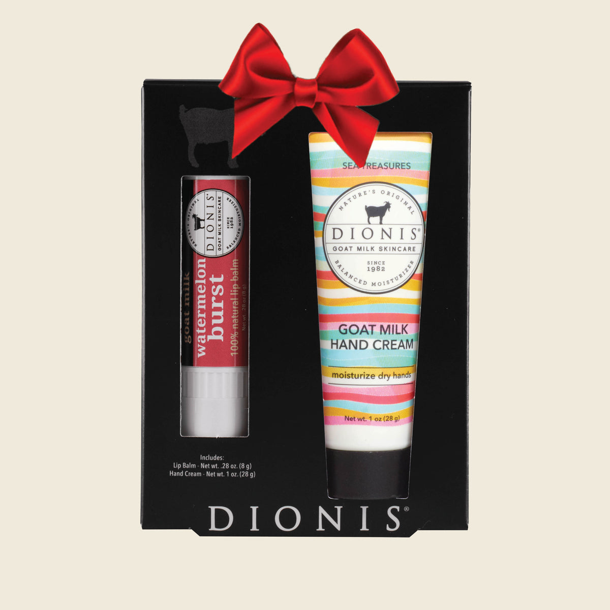 Dionis Goat Milk Skincare Hand & Lip Duo Gift Set, Watermelon Treasures, with Red Holiday Bow