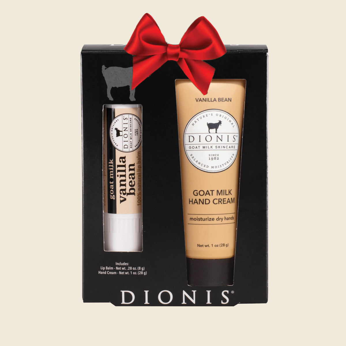 Dionis Goat Milk Skincare Hand & Lip Duo Gift Set, Vanilla Bean, with Red Holiday Bow