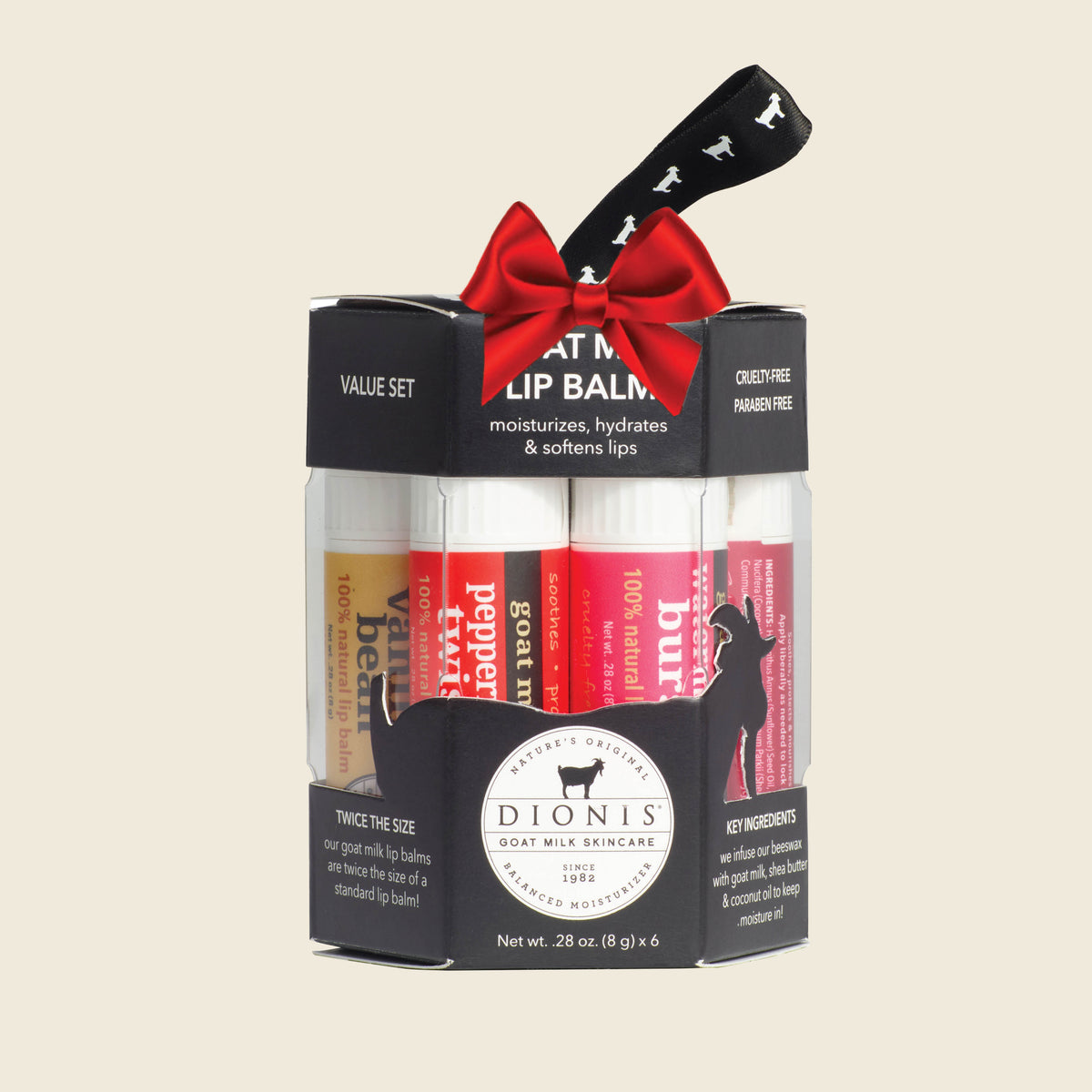 Dionis Goat Milk Skincare Signature Lip Balm, Set of 6, with Red Holiday Bow