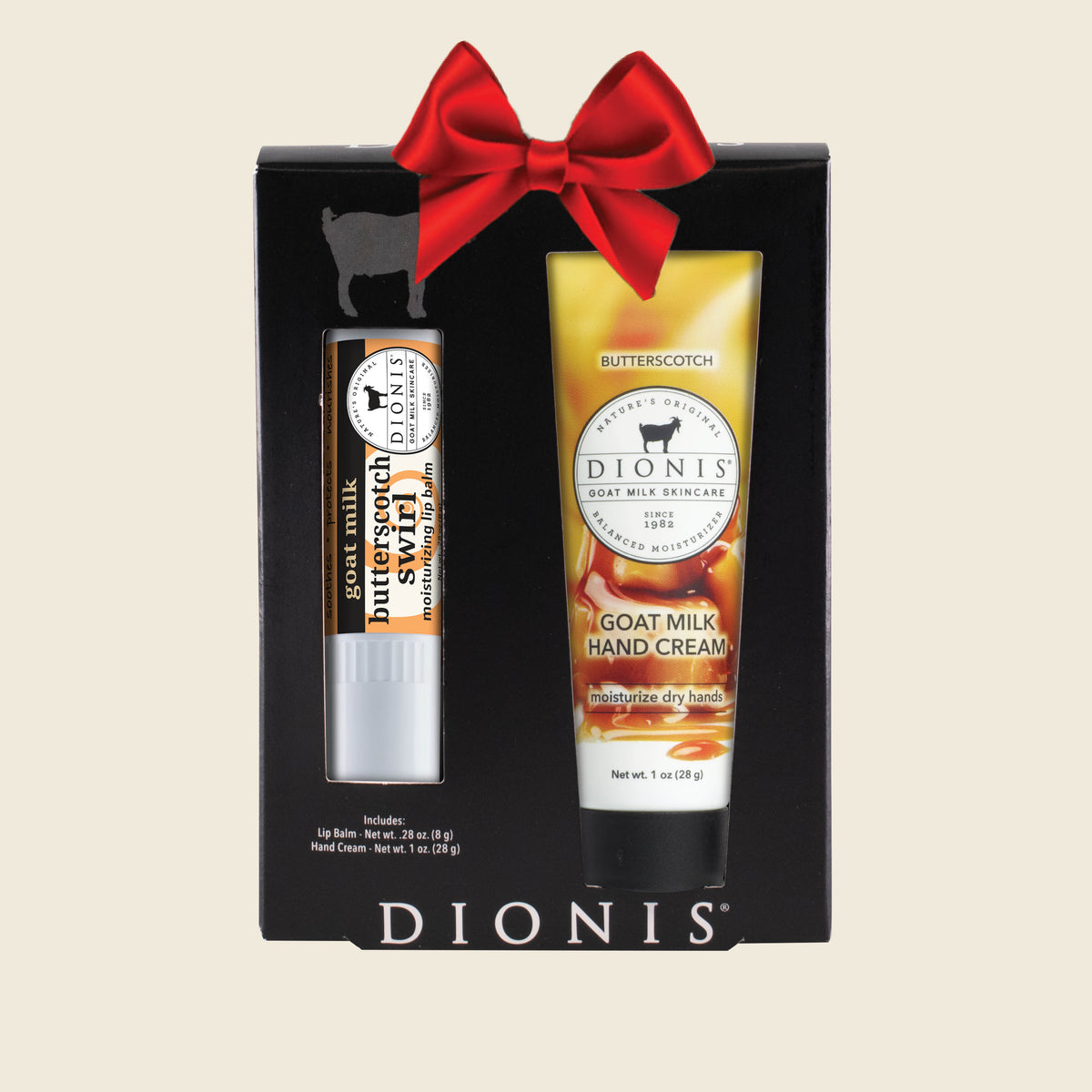 Dionis Goat Milk Skincare Hand & Lip Duo Gift Set, Butterscotch, with Red Holiday Bow