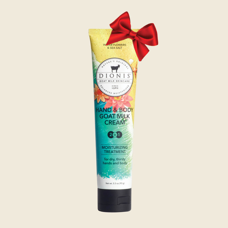 Dionis Hand & Body Goat Milk Cream, Waterflowers & Sea Salt, 3.3 oz with Red Holiday Bow