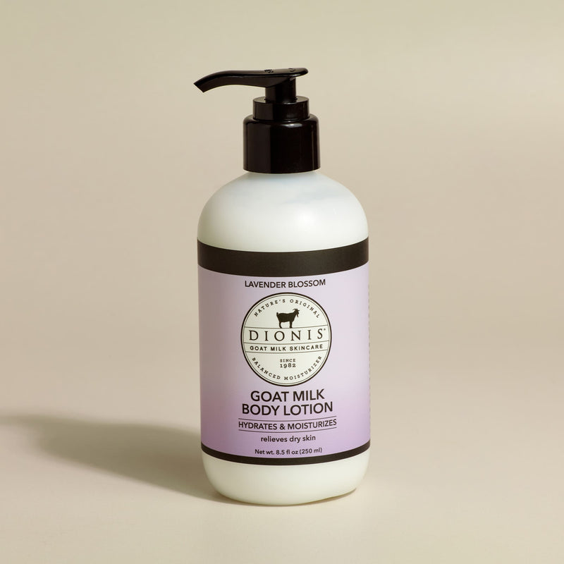 Dionis Goat Milk Body Lotion, Lavender Blossom, 8.5 fl oz with black pump.