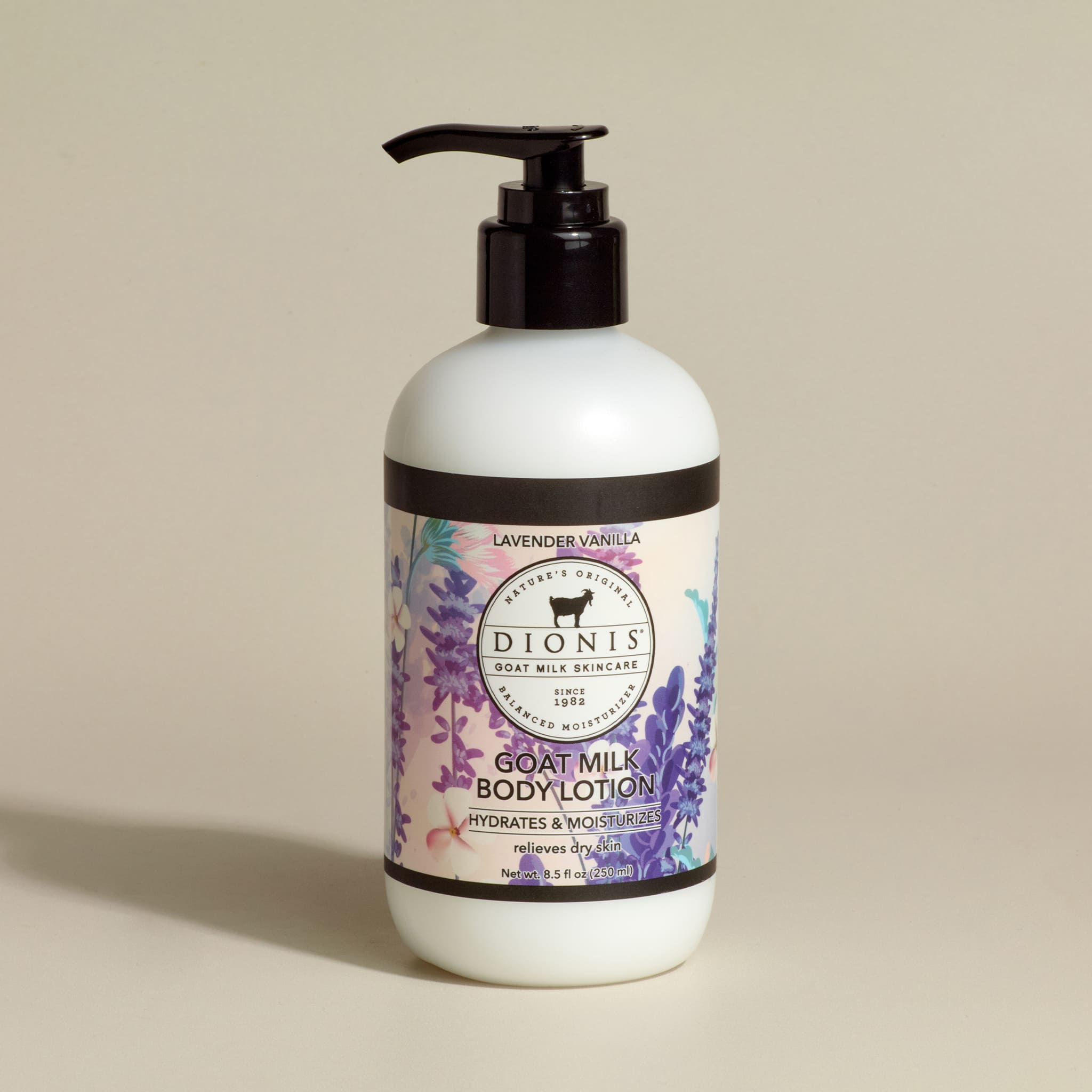 Dionis Goat Milk Body Lotion, Lavender Vanilla, 8.5 fl oz with black pump.
