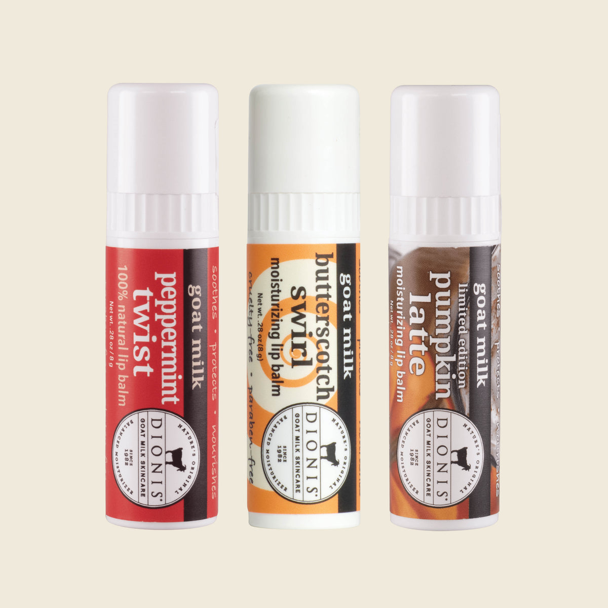 Seasonal Sweets Goat Milk Lip Balm, Set of 3

1 - Peppermint Twist Goat Milk Lip Balm .28 oz
1 - Butterscotch Swirl Goat Milk Lip Balm .28 oz
1 - Pumpkin Latte Goat Milk Lip Balm .28 oz