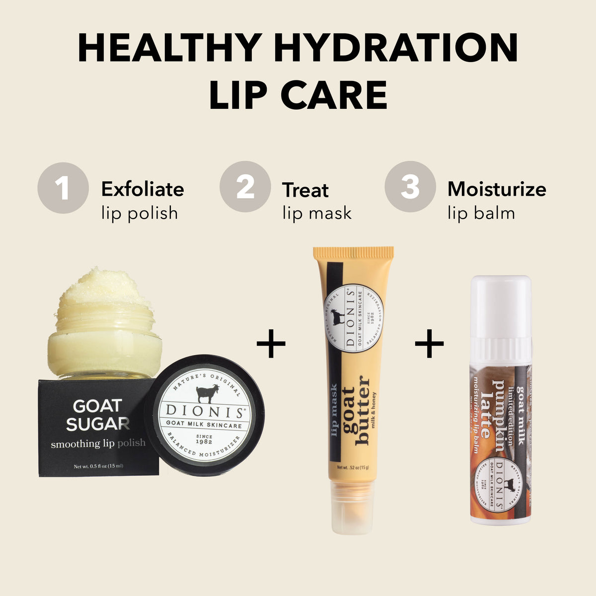 Healthy Hydration Lip Care

1. Exfoliate
Goat Sugar Lip Polish

2. Treat
Milk & Honey Goat Butter Lip Mask

3. Moisturize
Pumpkin Latte Goat Milk Lip Balm