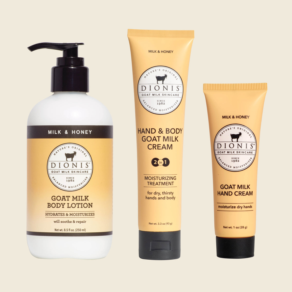 Dionis Goat Milk Skincare Milk & Honey Body Hydration Set - Includes Body Lotion, Hand & Body Cream, and Hand Cream