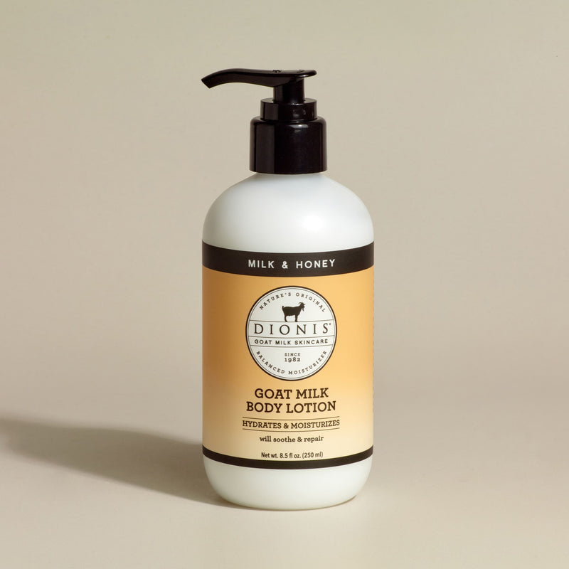 Dionis Body Lotion, Milk & Honey, 8.5 fl oz with black pump.