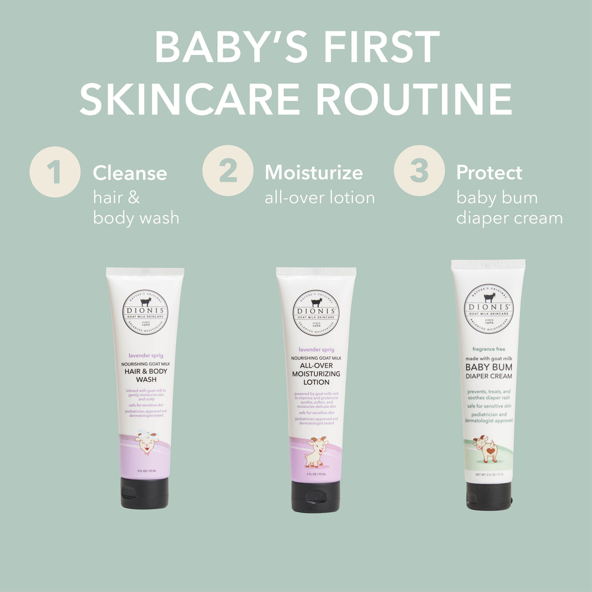 Baby's First Skincare Routine, Lavender Sprig

1. CLEANSE: Hair & Body Wash
2. MOISTURIZE: All-Over Lotion
3. PROTECT: Baby Bum Diaper Cream