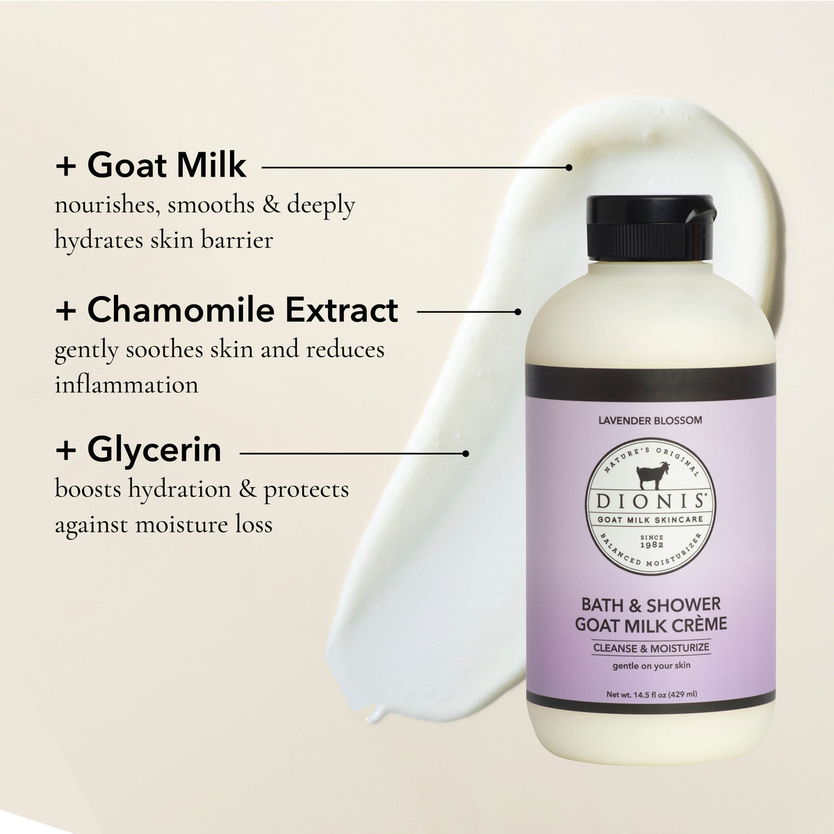 A bottle of Dionis Goat Milk Skincare Lavender Blossom Bath & Shower Goat Milk Crème shown on a light beige background with a smear of white product and text callouts listing ingredients: goat milk, chamomile extract, and glycerin.