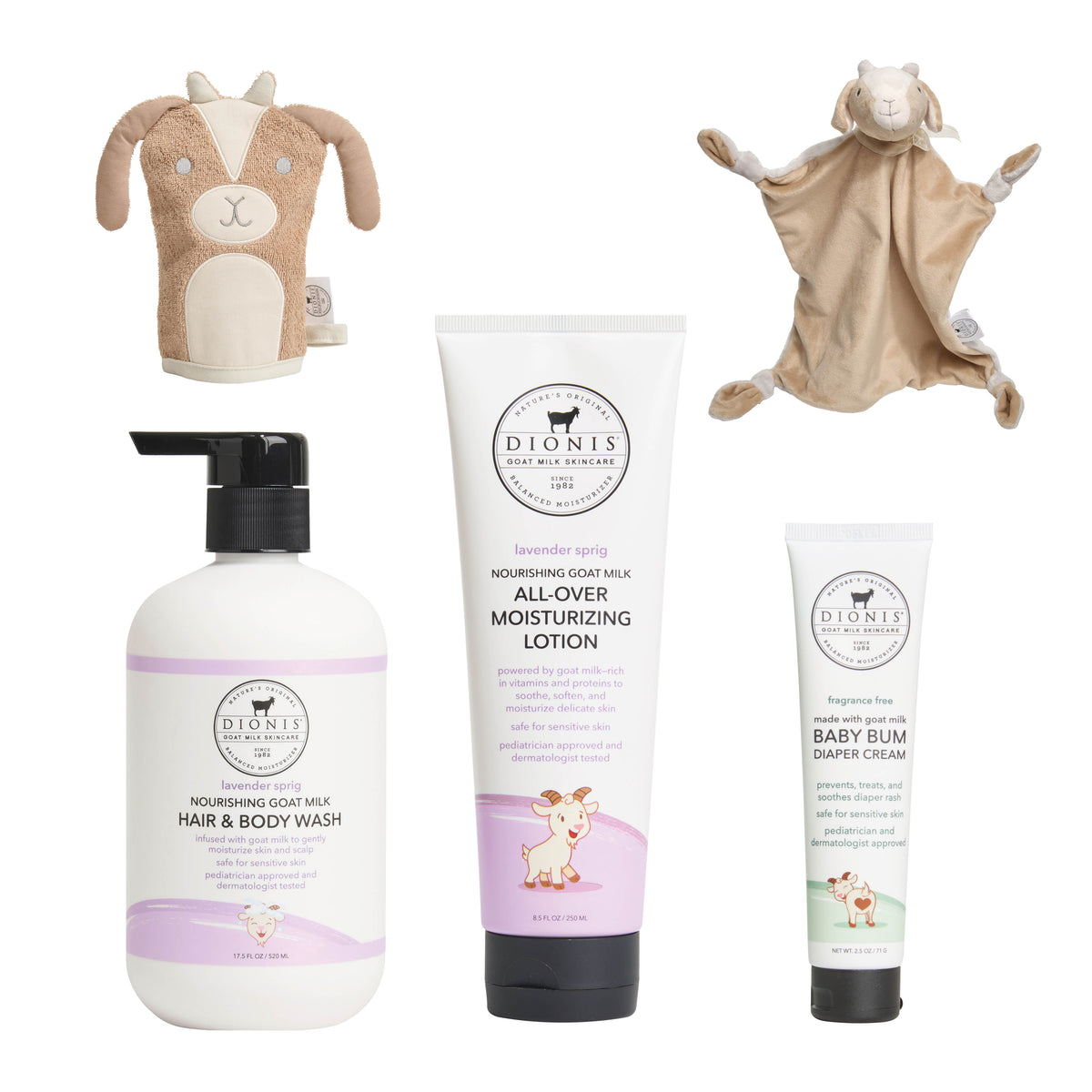 Dionis Baby Lavender Sprig Collection + Billy Goat Accessories Bundle

Includes: 
1 - Hair & Body Wash, Lavender Sprig, 17.5 oz.
1 - All-Over Moisturizing Lotion, Lavender Sprig, 8.5 oz. 
1 - Baby Bum Diaper Cream, Fragrance Free, 2.5 oz.
1 - Billy the Goat Bath Mitt
1 - Billy the Goat Lovey