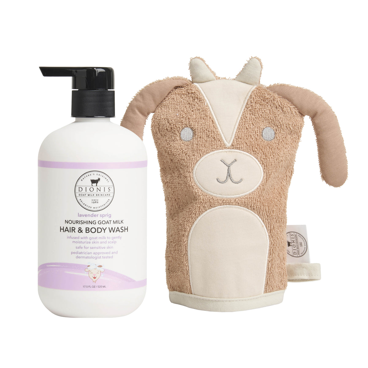 Dionis Baby Hair & Body Wash, Lavender Sprig & Billy the Bath Mitt Bundle

Includes:
1 - Hair & Body Wash, Lavender Sprig, 17.5 oz. 
1 - Billy the Goat Bath Mitt
