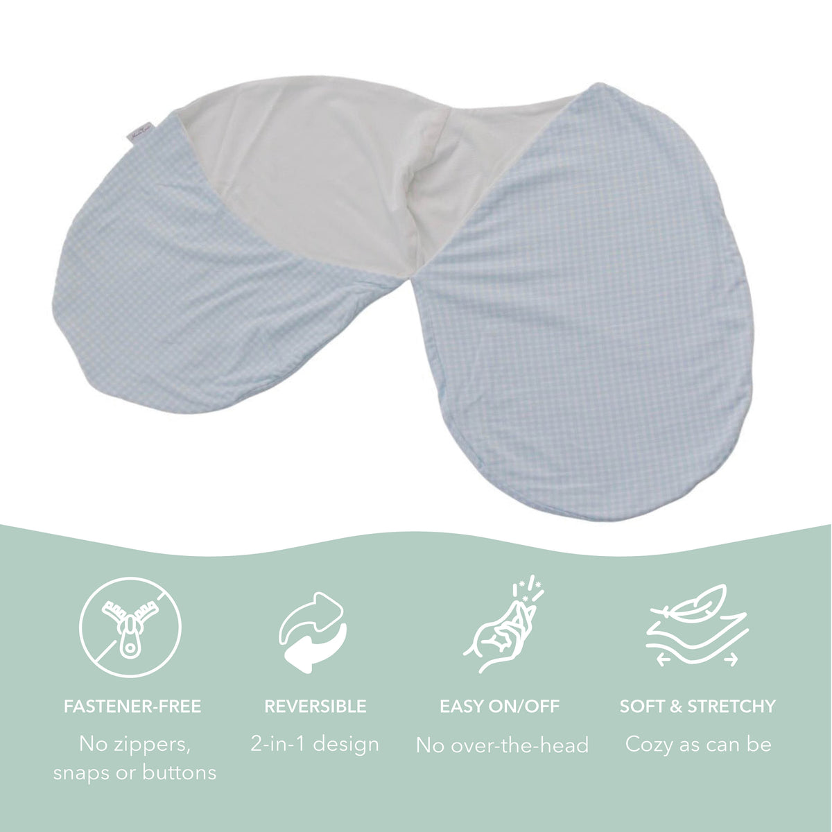 A light blue and white checkered baby wrap blanket with a solid white reverse side, displayed on a white background with a green informational banner below highlighting key features like fastener-free design, reversibility, and soft stretchy fabric.
