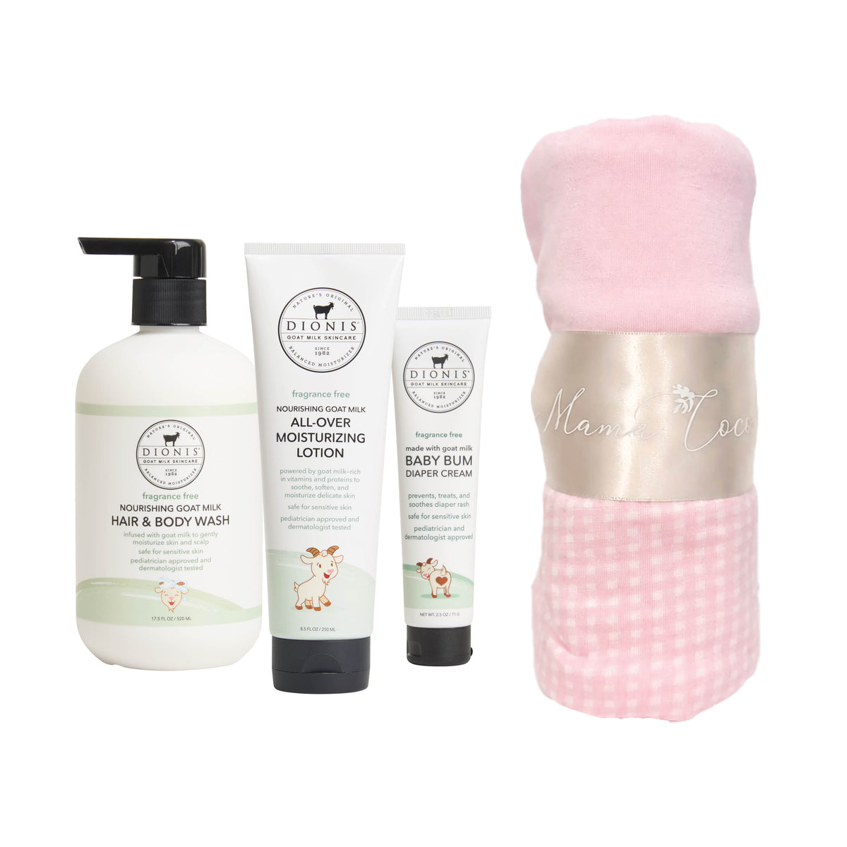 A 4-piece baby care gift set by Bionis, including Hair & Body Wash, All-Over Moisturizing Lotion, Baby Bum Shower Cream, and a pink plush bath towel with a satin band.