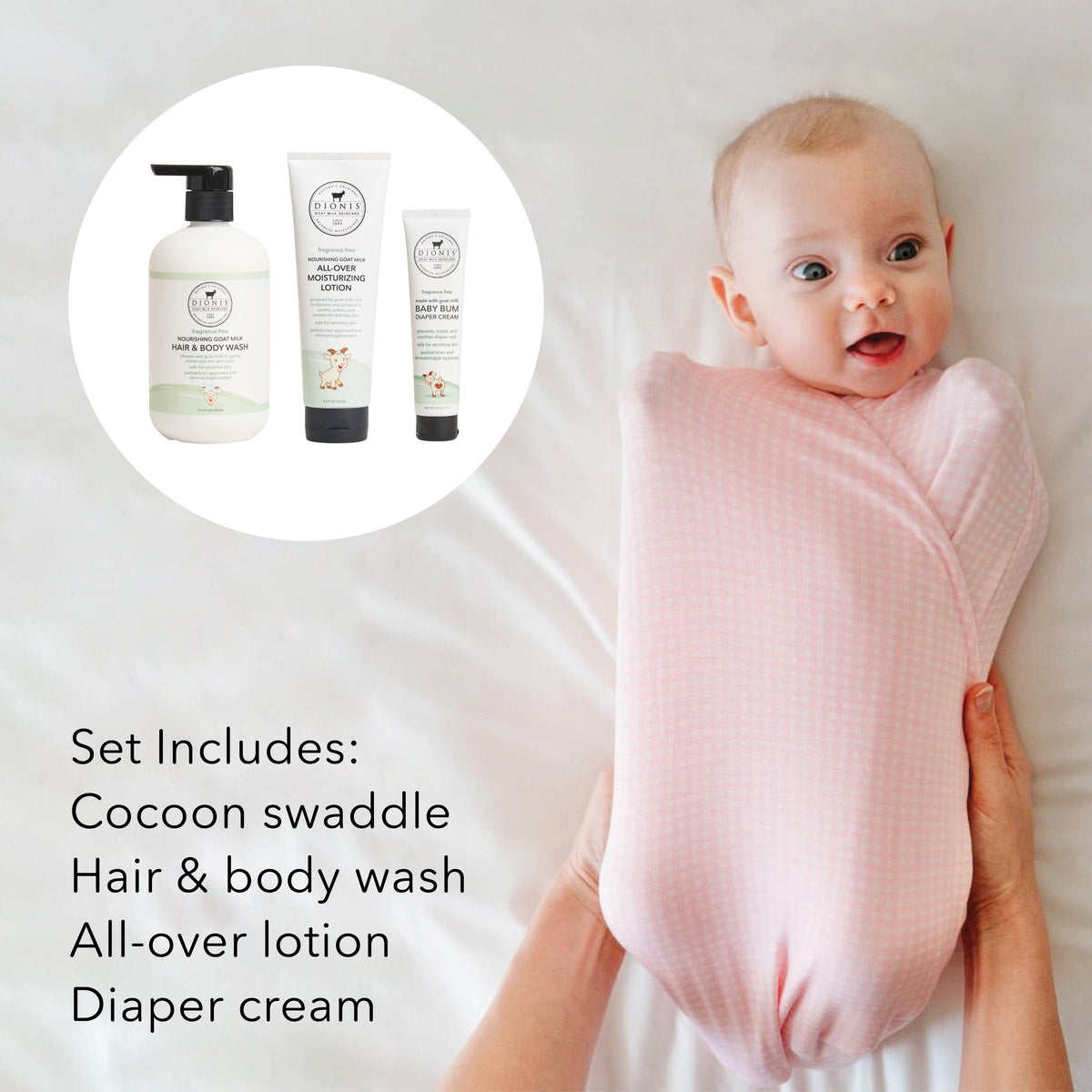 A baby wrapped in a light pink cocoon swaddle lies on a white bed, with adult hands supporting the swaddle. An inset circle shows three baby care products: a hair and body wash bottle, a hair cream tube, and a body lotion tube.