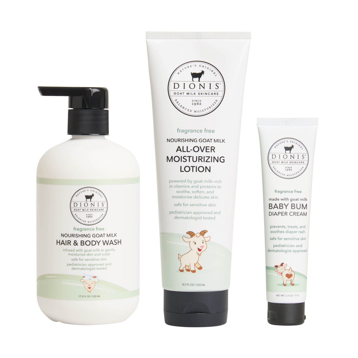 Dionis Baby Fragrance Free Collection Bundle

Includes:
1 - Hair & Body Wash, Fragrance Free, 17.5 oz.
1 - All-Over Moisturizing Lotion, Fragrance Free, 8.5 oz.
1 - Baby Bum Diaper Cream, Fragrance Free, 3 oz.