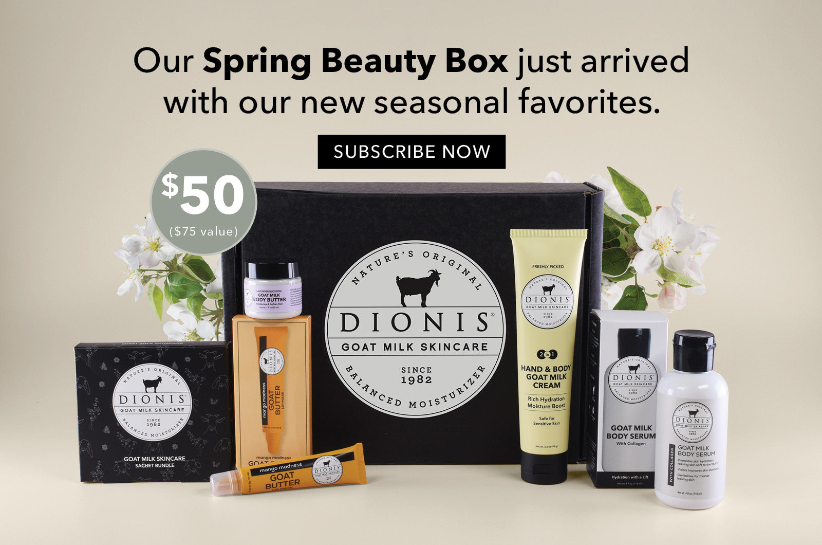 Dionis skincare products with a promotional message for a spring beauty box.