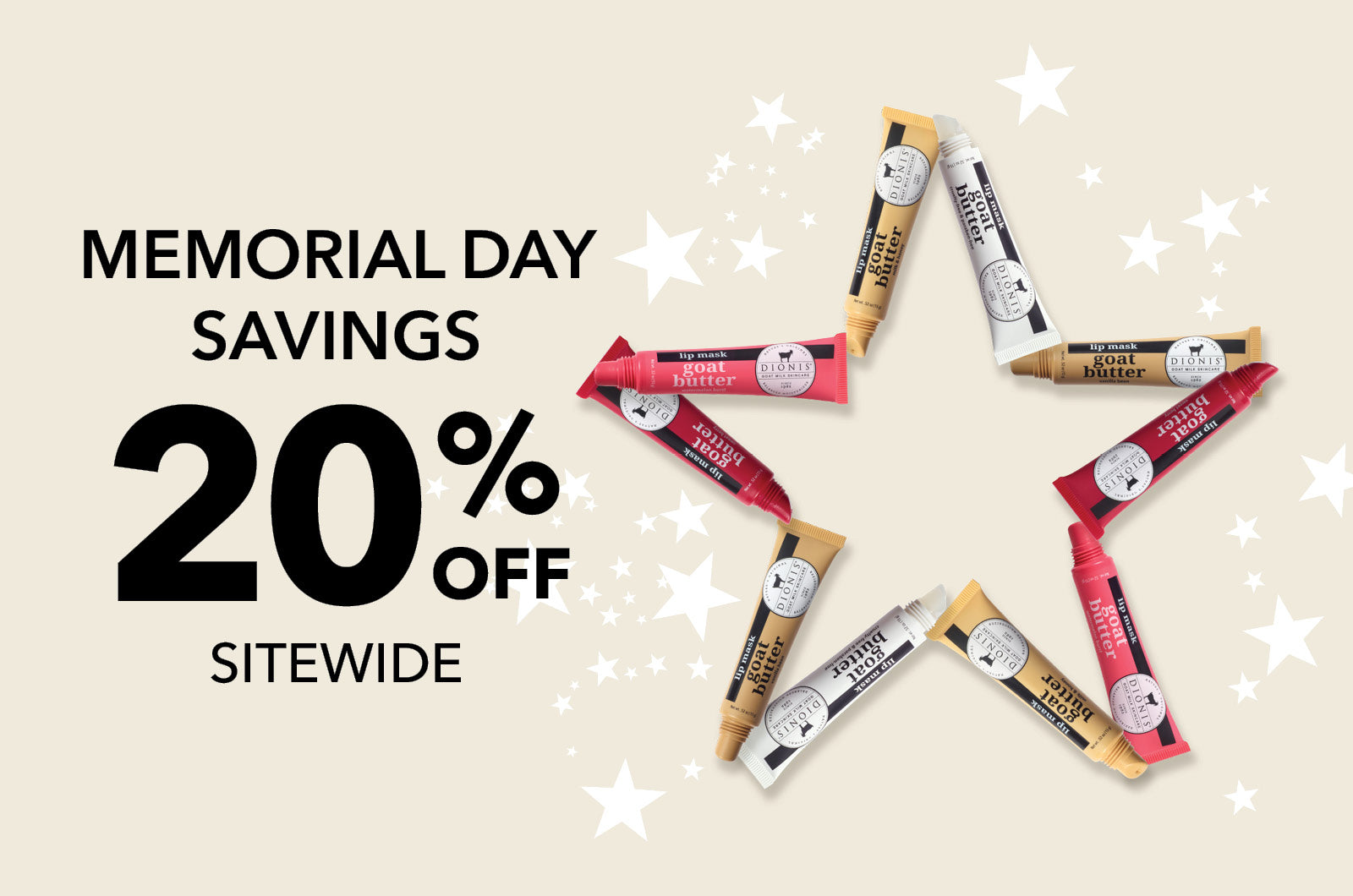 Promotional graphic for Memorial Day savings with 20% off and product packaging arranged in a star shape.