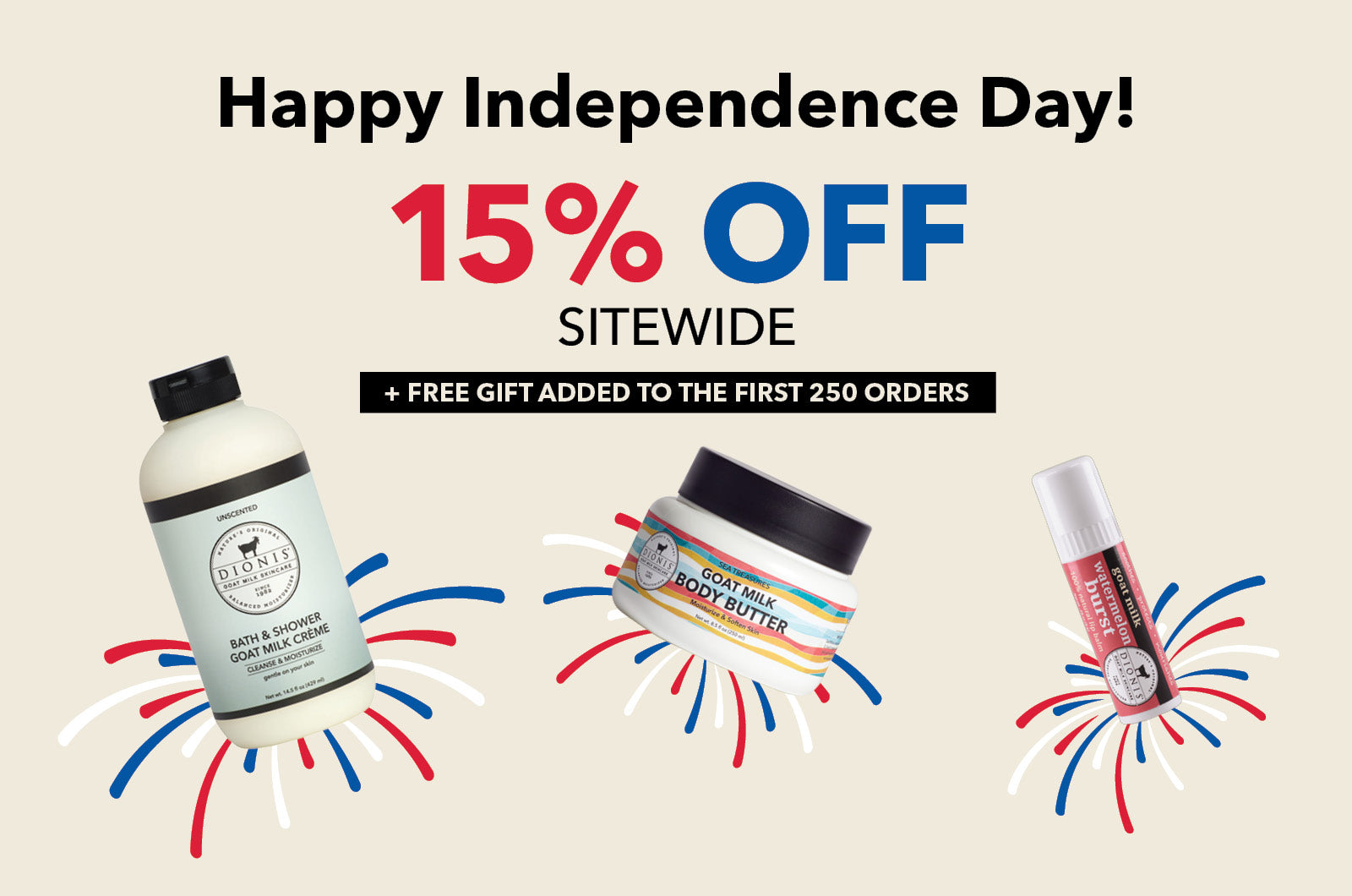 Promotional graphic for Independence Day sale with skincare products and fireworks on a beige background. 15% Off sitewide + Free gift added to the first 250 orders. 