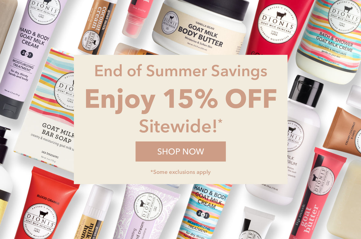 A promotional sale graphic for Dionis skincare products, featuring a central beige text box that reads 'End of Summer Savings Enjoy 15% Off Sitewide! SHOP NOW' over a collage of assorted body care items including hand and body soaps, body butter, and lotions.