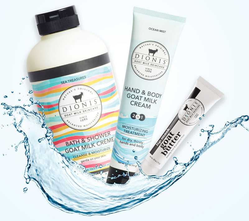 Dionis Sea Treasures Bath & Shower Goat Milk Creme, Ocean Mist Hand & Body Goat Milk Cream, and Glaze Goat Butter Lip Mask in a graphic with a splash of water