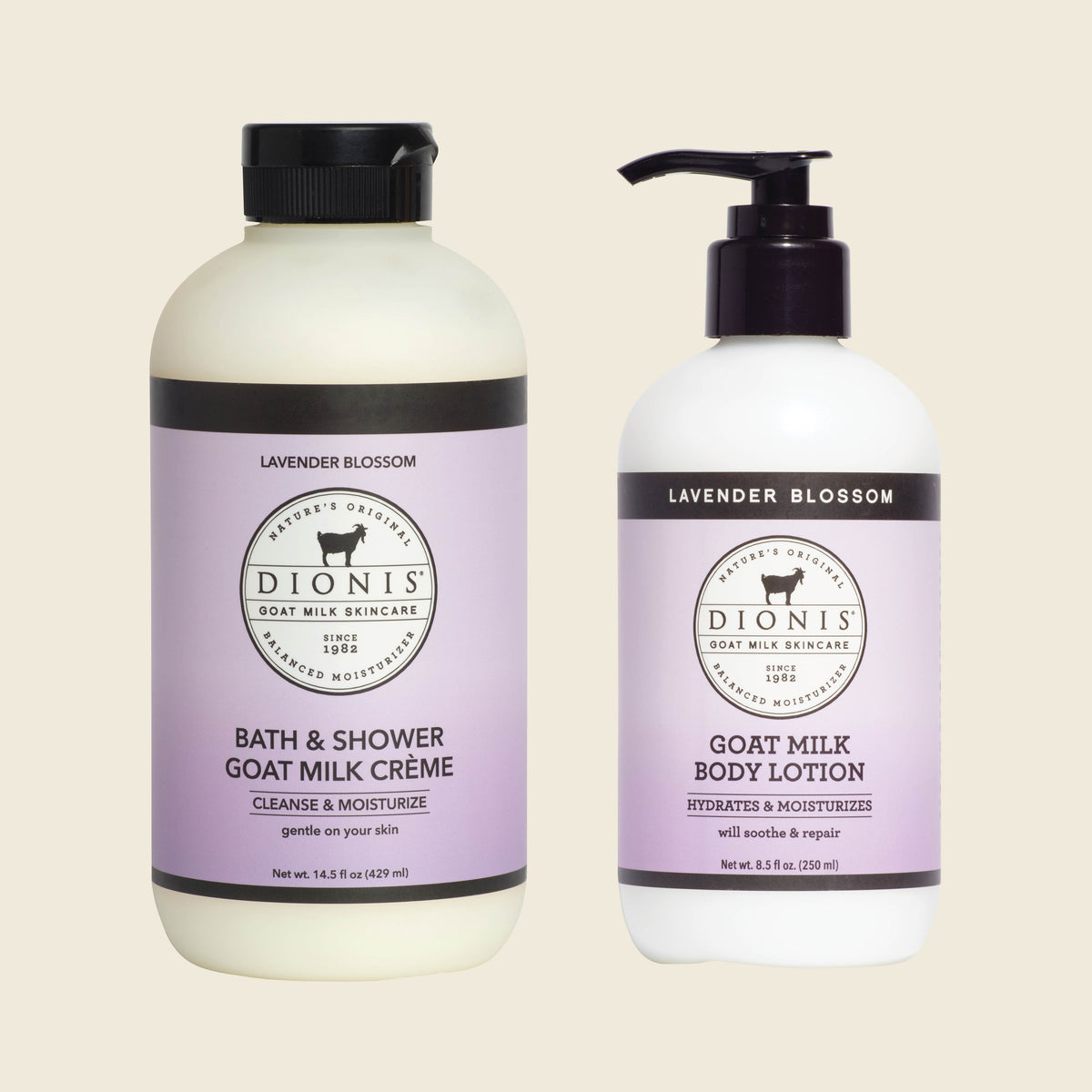 Lavender Blossom Shower Creme next to Lavender Blossom Body Lotion by Dionis Goat Milk Skincare on a beige background