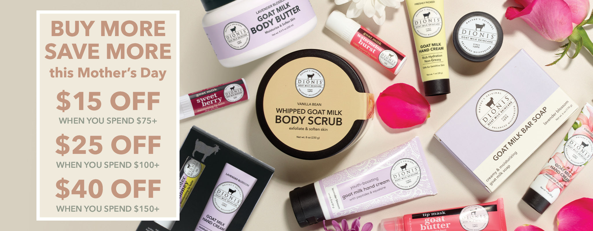 Collection of body care products with promotional text on a white background