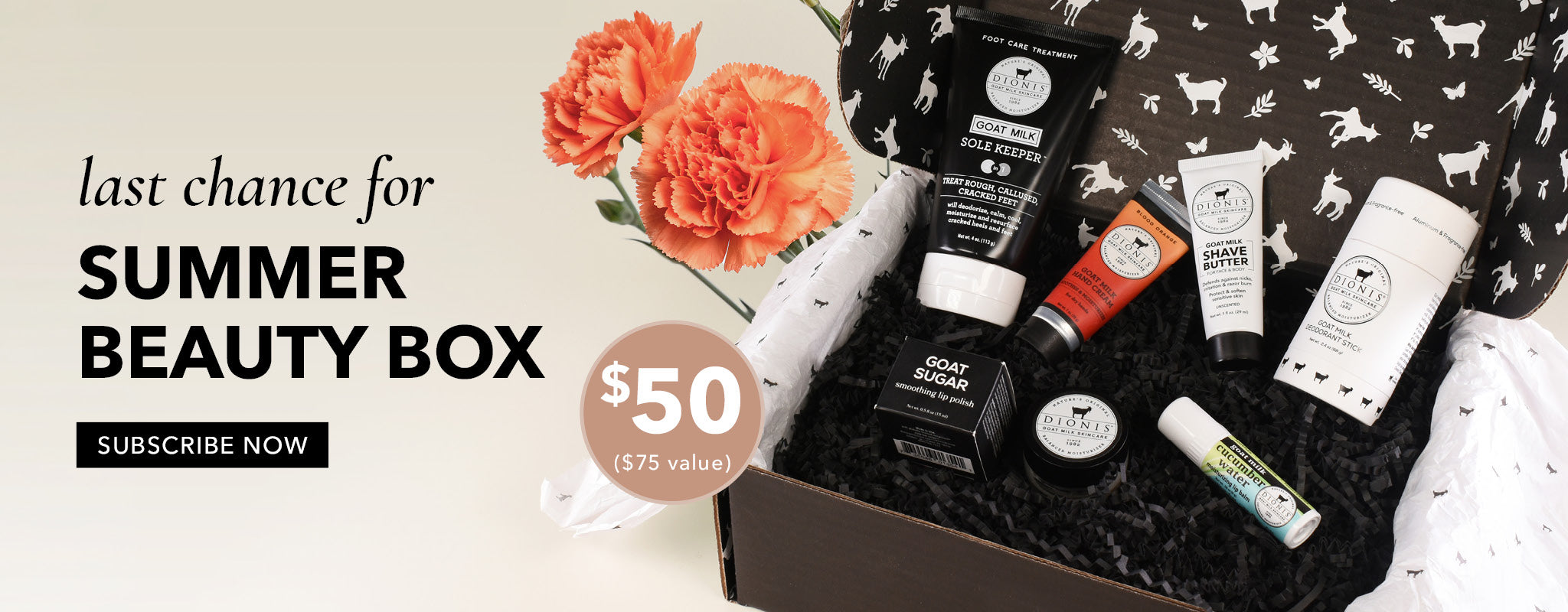 Last chance for Summer Beauty Box - Subscribe Now - Only $50 ($75 value) - Photo of beauty box and its contents to the right of the text, with orange flowers as props