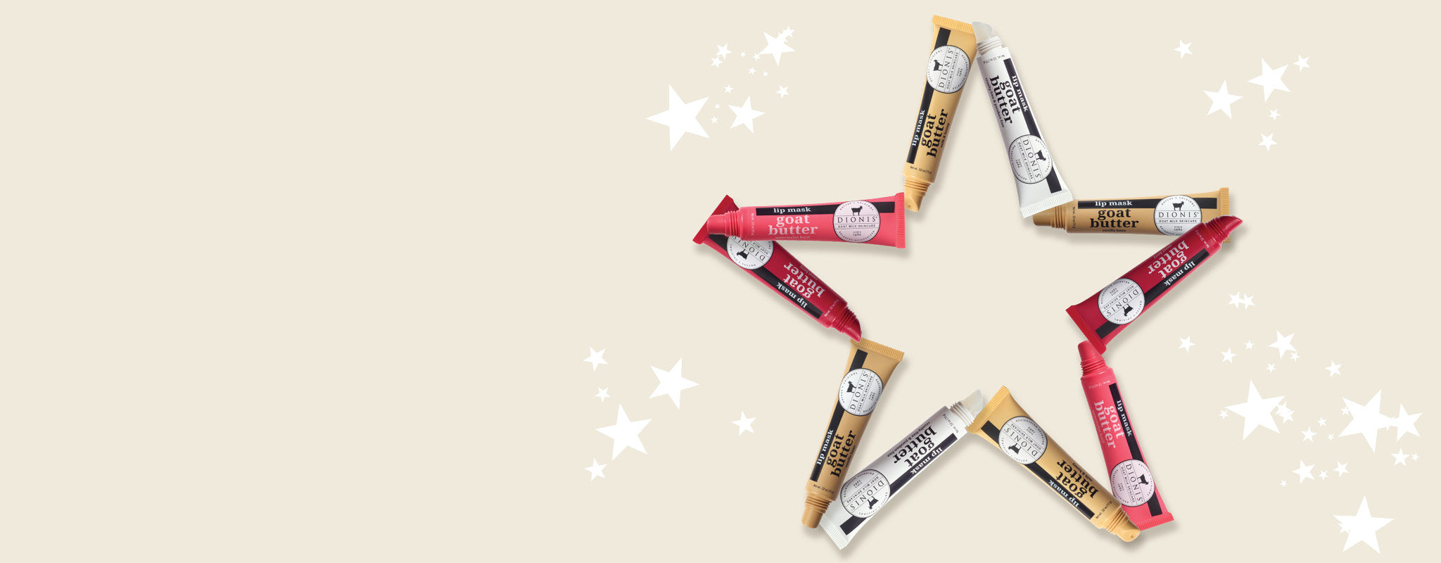 Five small cylindrical products arranged in a star shape on a beige background with decorative elements. Save 20% off automatically during Memorial Day Weekend 5/22-5/26