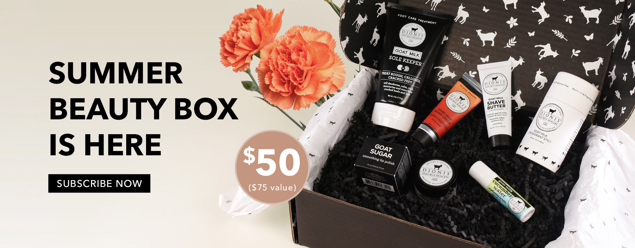 Summer Beauty Box Is Here - Subscribe Now - Only $50 ($75 value) - Photo of beauty box and its contents with orange flowers to the right