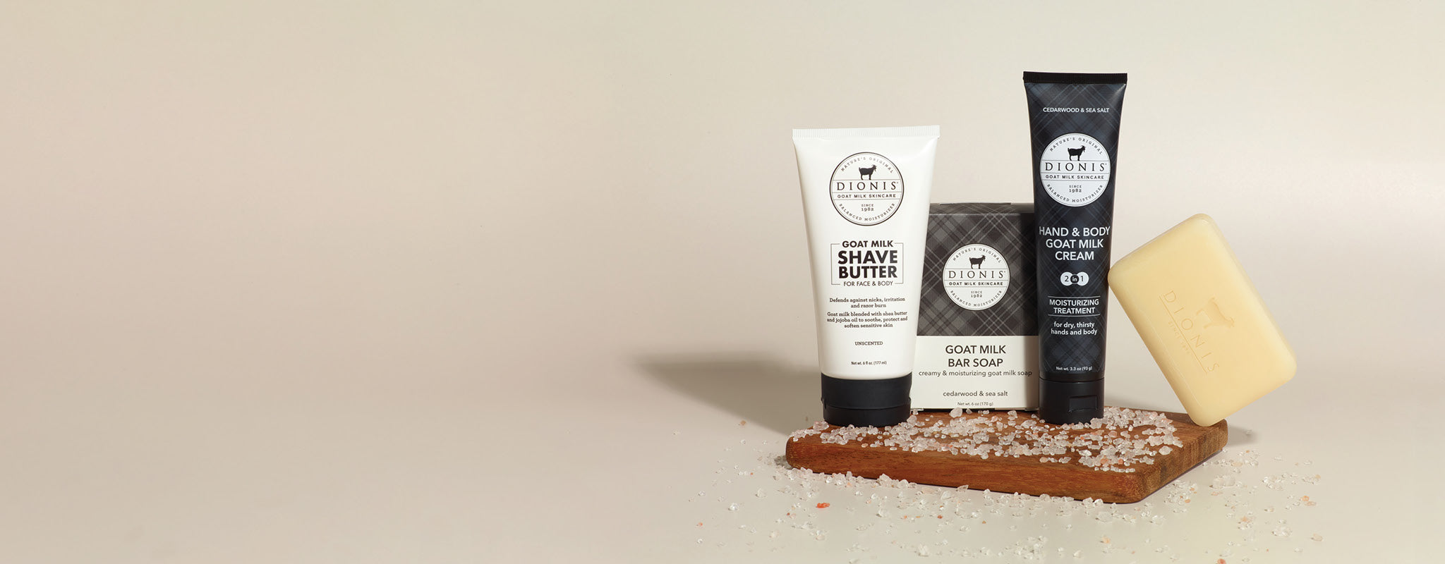 Dionis Goat Milk Skincare products for men on a beige background