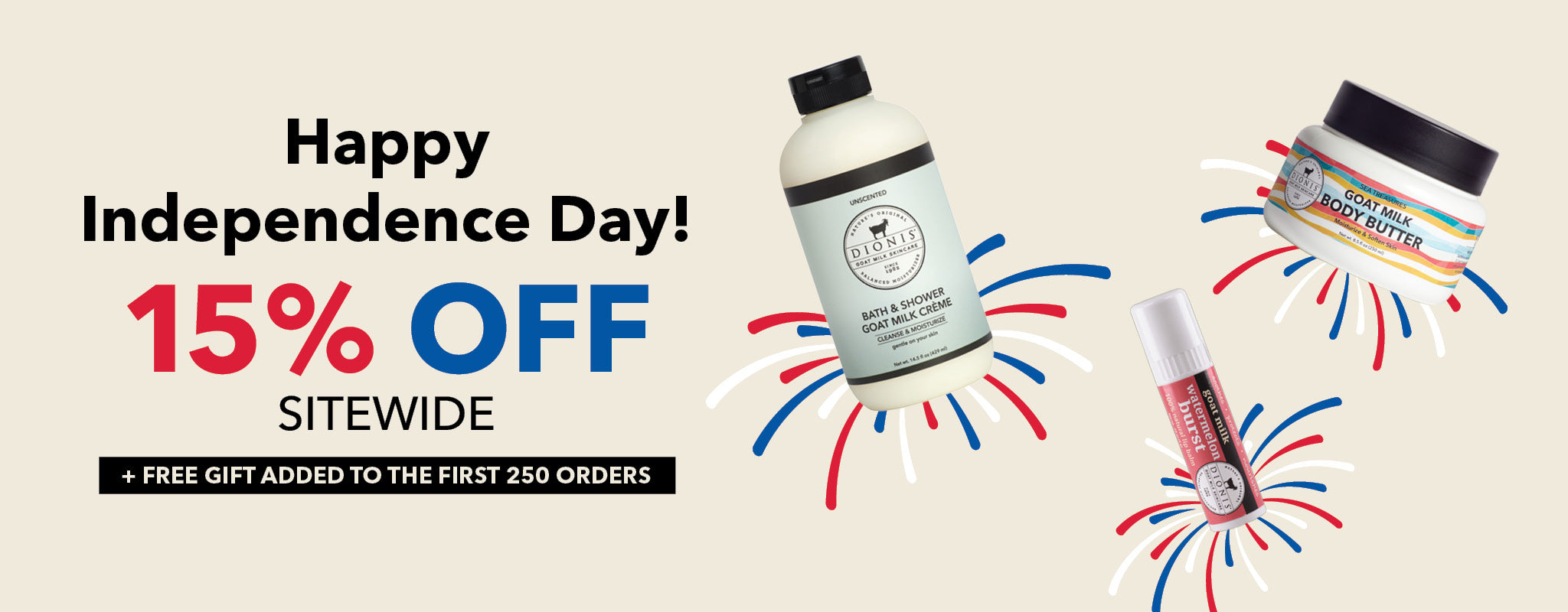 Promotional banner for Independence Day sale with skincare products and fireworks on a beige background. 15% Off sitewide + Free gift added to the first 250 orders. 