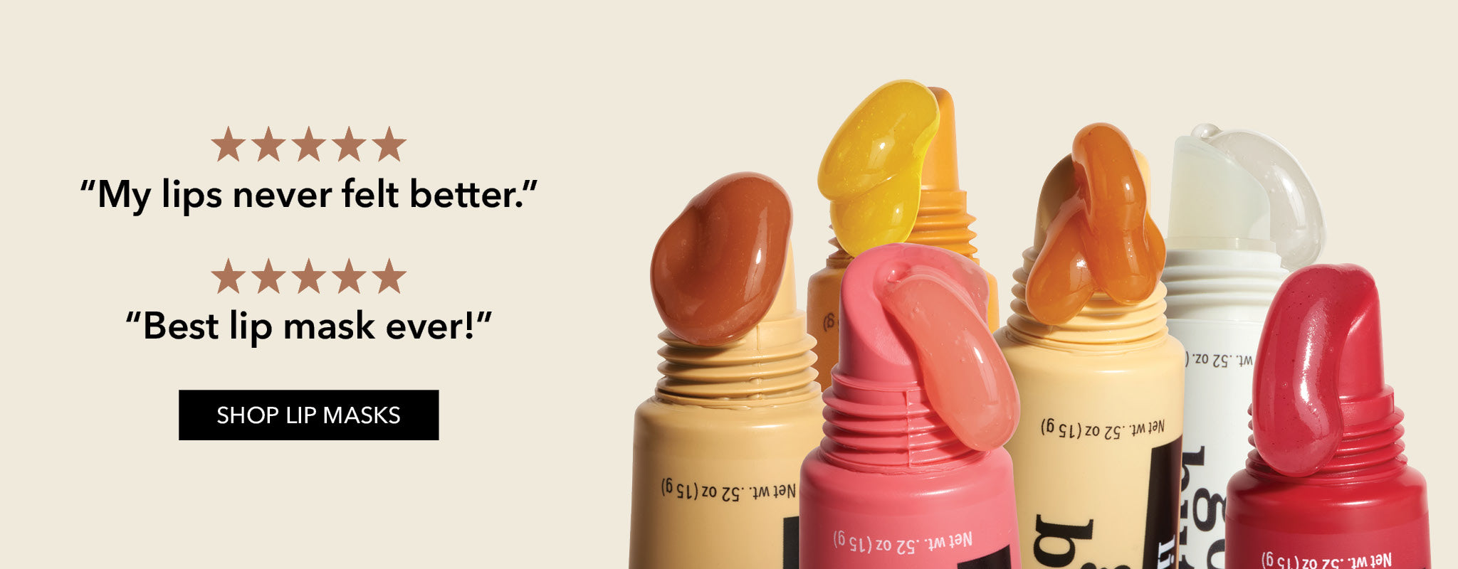 Lip mask products with 5-star customer reviews and a 'Shop Lip Masks' button on a beige background