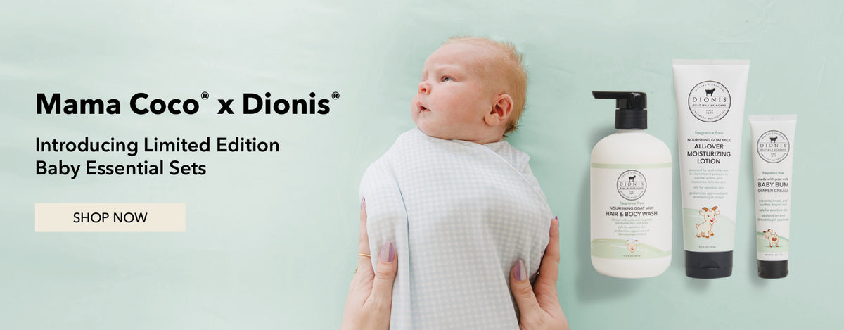 A baby wrapped in a blue textured swaddle is held by hands against a mint colored background, with Mama Coco x Dionis baby essential set products shown on the right. Text on the left reads 'Mama Coco x Dionis' and 'Introducing Limited Edition Baby Essential Sets' with a 'SHOP NOW' button.