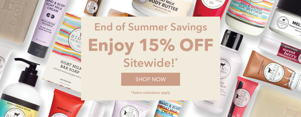 A promotional banner for 'End of Summer Savings' showing a 15% off sitewide deal, with a central beige text box surrounded by various body care products from the brand Dionis Goat Milk Skincare