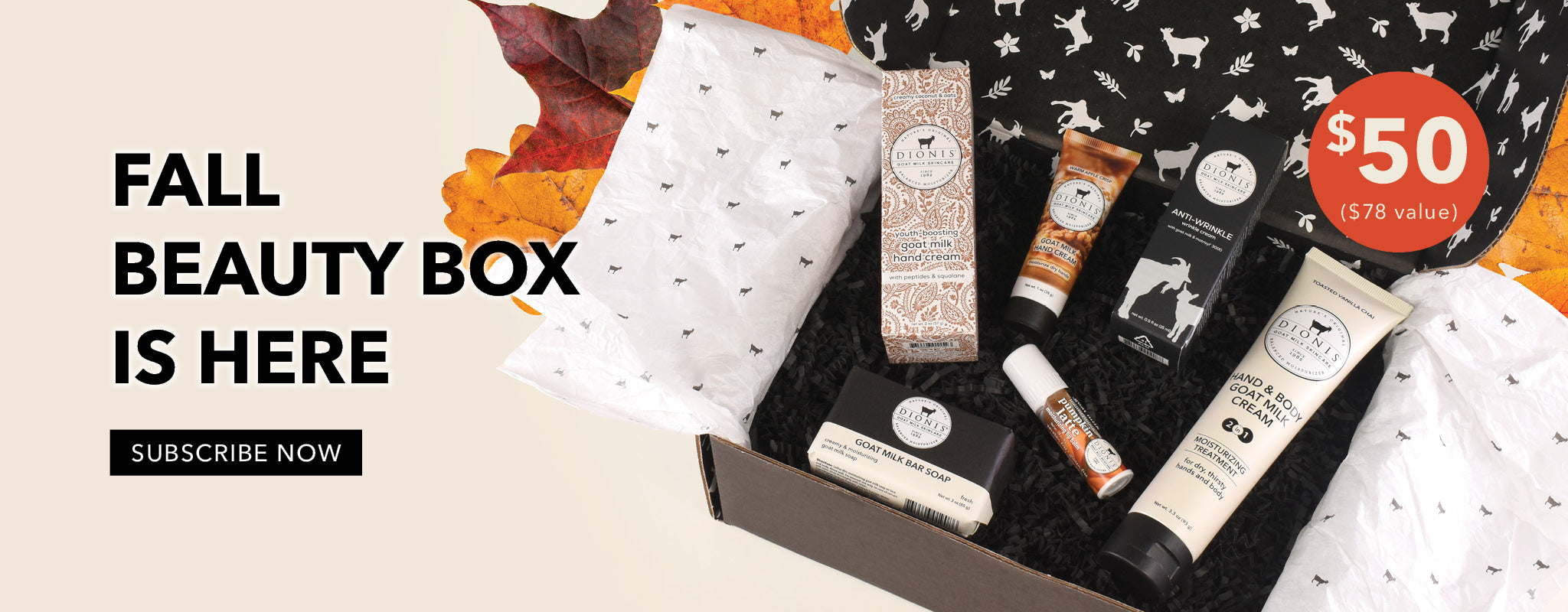 An open fall beauty box filled with skincare products, shown on a beige background with promotional text reading 'FALL BEAUTY BOX IS HERE' and an orange badge showing the price of only $50 compared to $78 value.