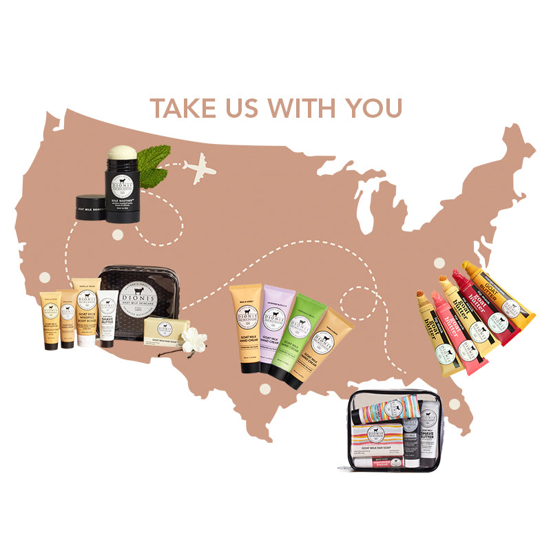 Map of the United States with skincare products displayed on it, promoting travel with skincare items.