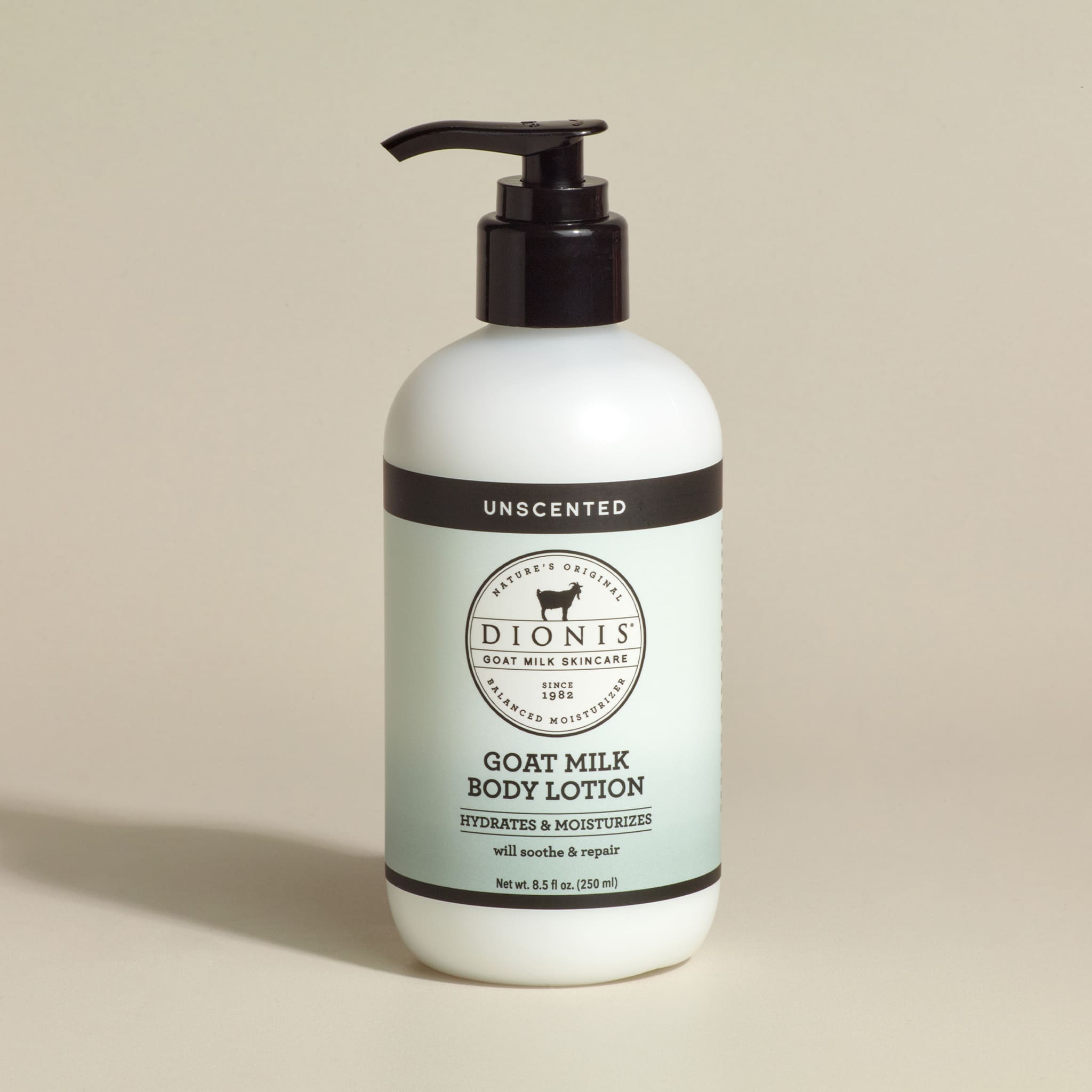 Dionis Goat Milk Body Lotion, Unscented, 8.5 fl oz with black pump.