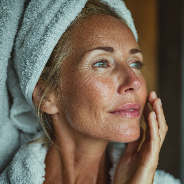 A close-up portrait of an older woman with freckles wearing a light gray terry cloth towel wrapped around her head and shoulders, touching her cheek in a spa-like moment.
