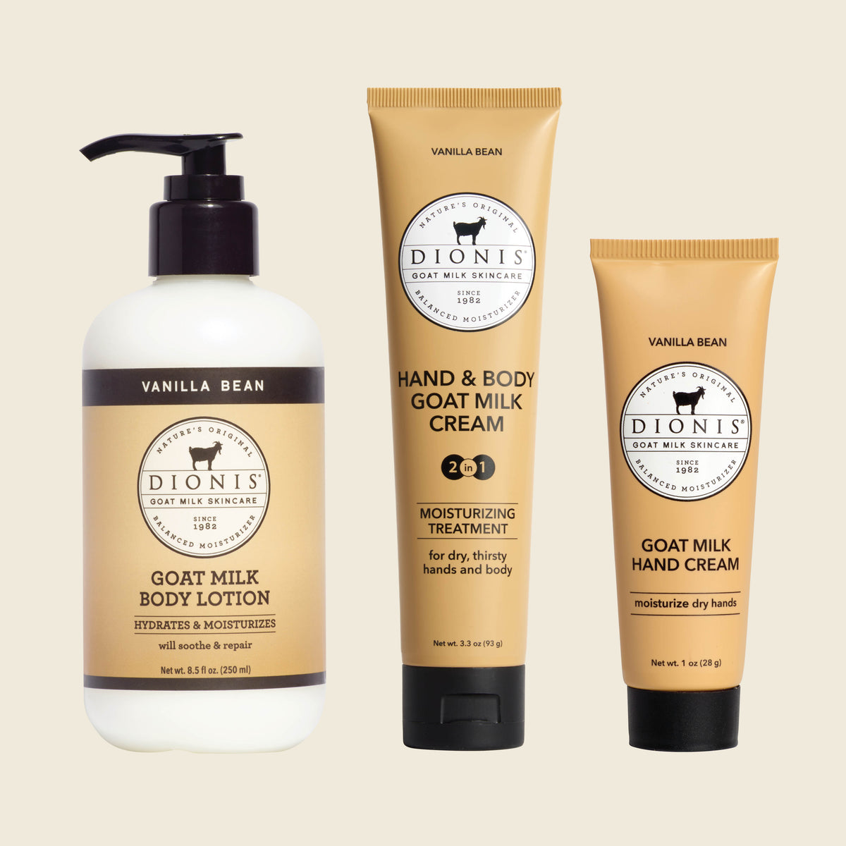 Dionis Goat Milk Skincare Vanilla Bean Body Hydration Set - Includes Body Lotion, Hand & Body Cream, and Hand Cream
