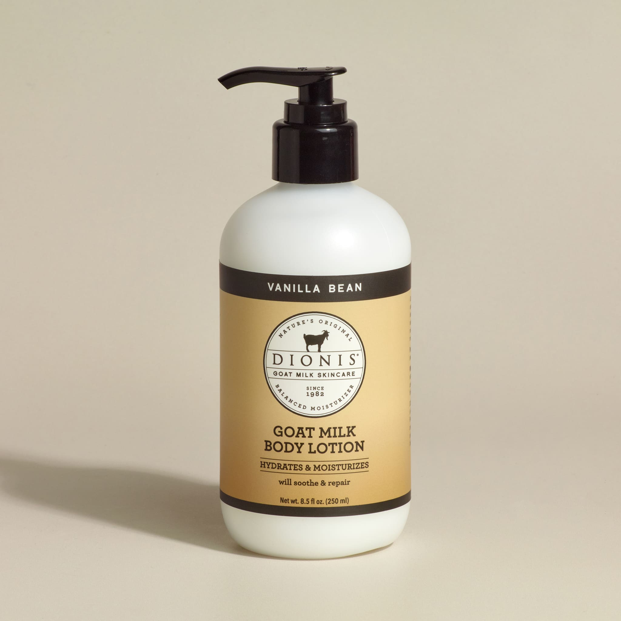 Dionis Goat Milk Body Lotion, Vanilla Bean, 8.5 fl oz with black pump.