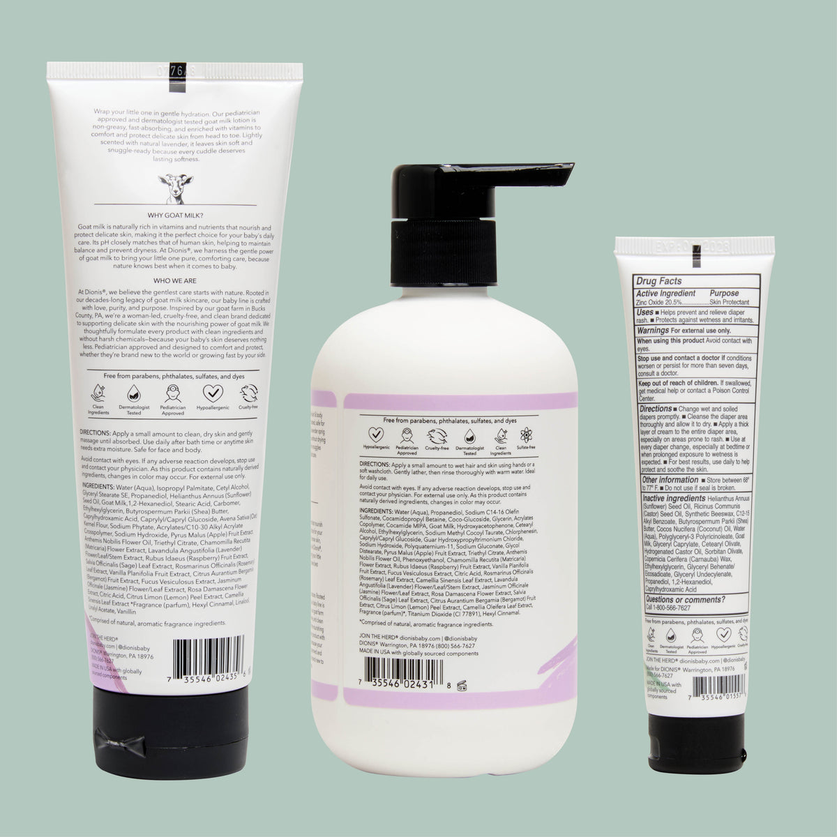 Dionis Baby Skincare Collection, Back of Products with Full Ingredient Lists

Lavender Sprig All-Over Moisturizing Lotion
Lavender Sprig Hair & Body Wash
Baby Bum Diaper Cream