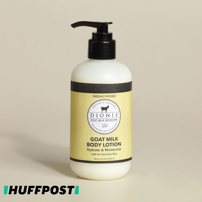 Bottle of Dionis Freshly Picked Goat Milk Body Lotion, featured on HuffPost, with the HuffPost logo at the bottom left corner.